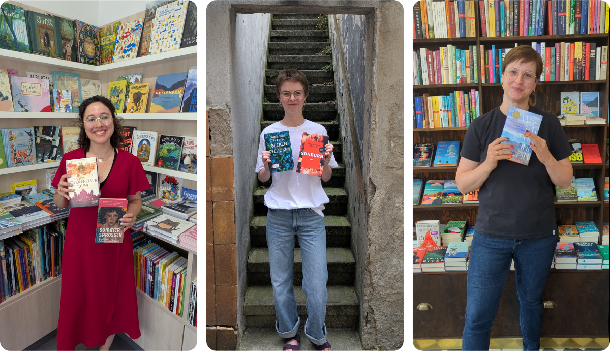 Drei Fotos nebeneinander, in denen Menschen aus unserem Team ihre Buchempfehlungen in die Kamera halten
